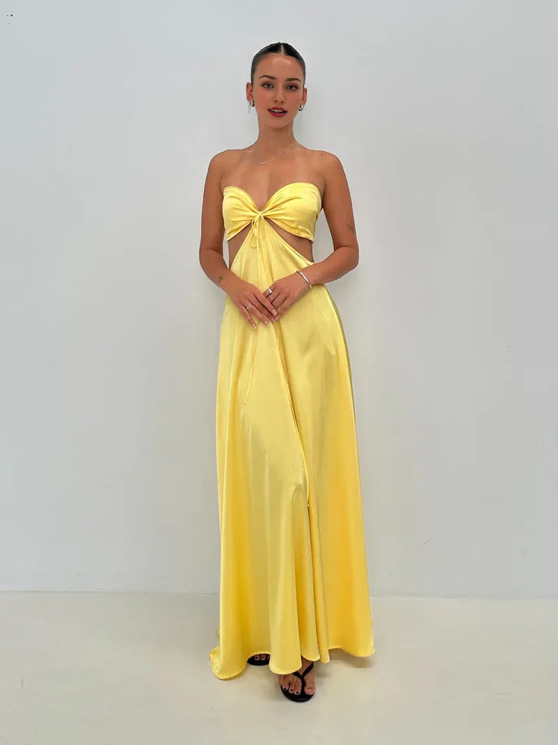 Robe Weitese simple, décolleté en cœur, robe de bal trapèze, taille découpée, sans manches, longueur au sol, dos nu, robe longue à lacets